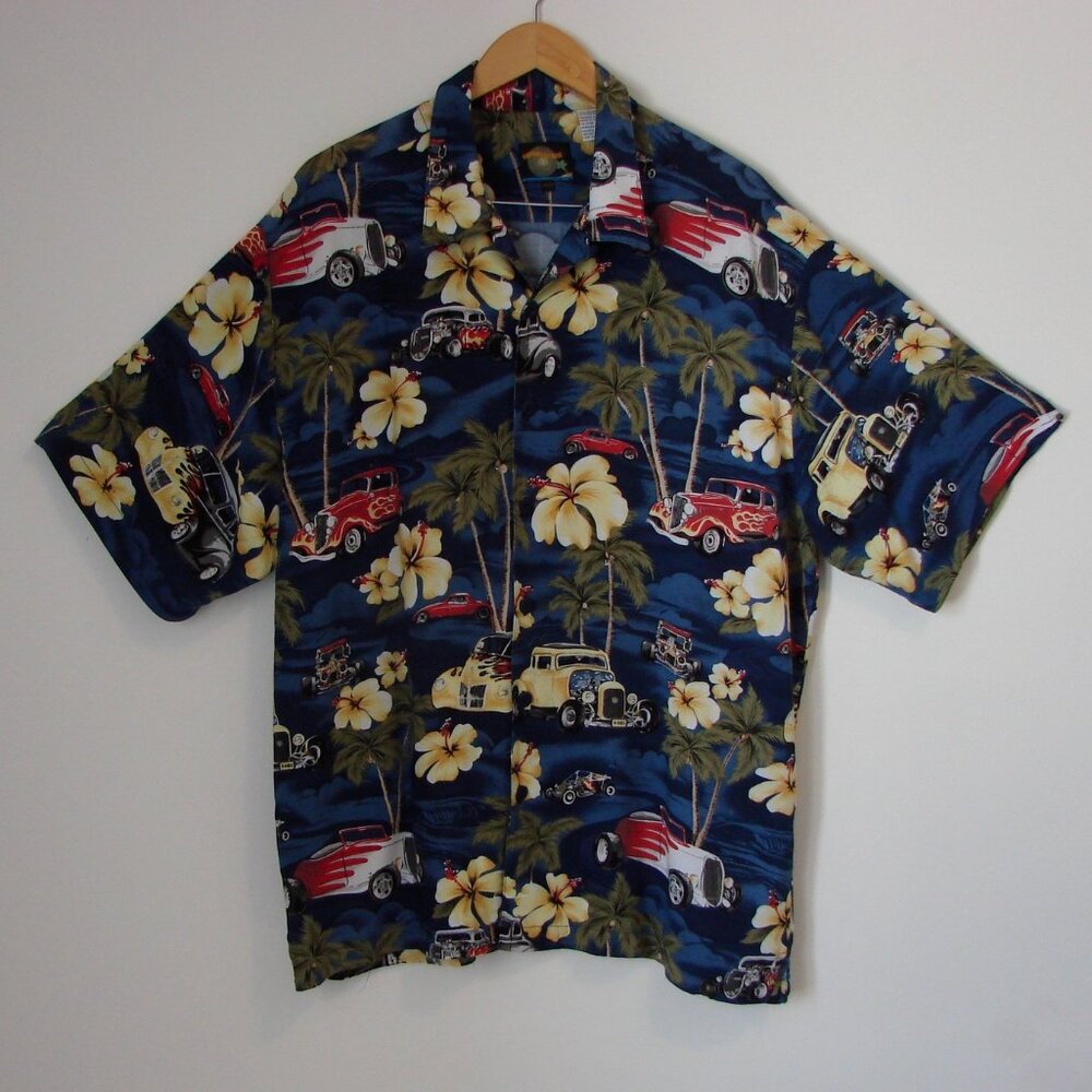 Hawaiian Shirt Floral Hot Rod Cars Palm Trees Relaxed Loose Fit Size 2 XL XXL
